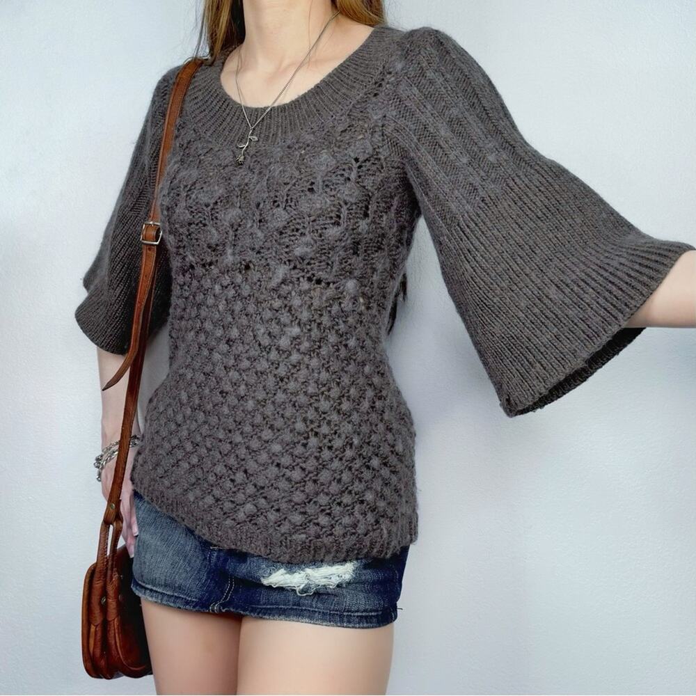 Gray Babydoll Knit Sweater Bell Sleeves Boho Cottagecore Fairy Grunge Size Small